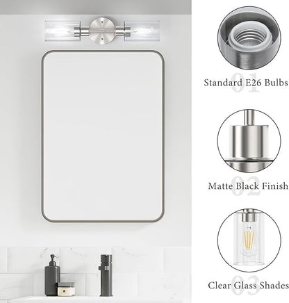 Bathroom Light Fixtures 2 Light Brushed Nickle, Bathroom Vanity Lights Over Mirror, Bathroom Sconces Wall Lighting，Farmhouse Vanity Light, Modern Vanity Lights with Clear Shades