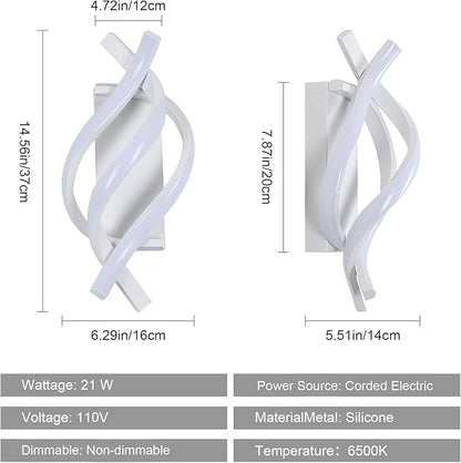 Modern LED Wall Sconce 21W Indoor Wall Sconces Light Cool White 6500K Spiral Design Wall Mounted LED Lamp for Bedroom Stairwells Living Room Hallway Office (White, 6500K)
