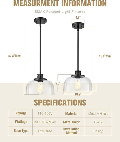 Emak Modern Pendant Lights Kitchen Island, Black Pendant Light with 10 Inch Clear Glass Shade, Farmhouse Hanging Light Fixture for Kitchen Island, Dining Room, Bathroom, Bar, PL131-BK-CG