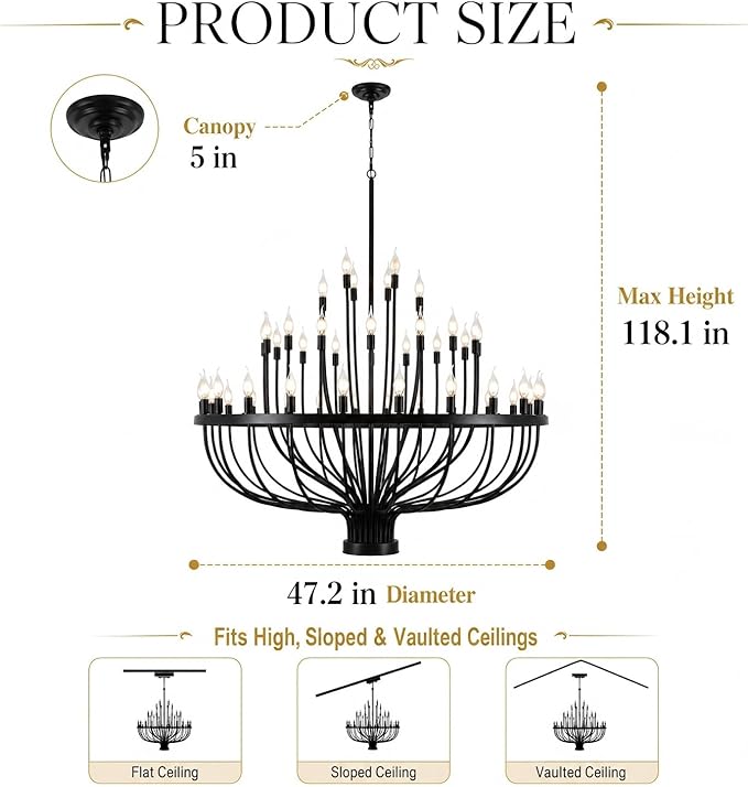 Shandaglo Large Chandelier for High Ceilings, 48-Light Black Wagon Wheel Chandelier, 47.2 Inch 3-Tier Extra Farmhouse Dining Room Light Fixture for Foyer, Living Room, Entryway