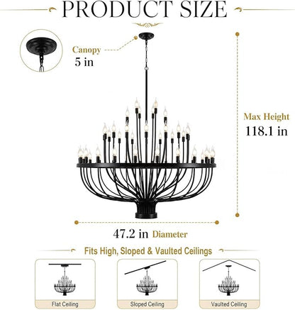Shandaglo Large Chandelier for High Ceilings, 48-Light Black Wagon Wheel Chandelier, 47.2 Inch 3-Tier Extra Farmhouse Dining Room Light Fixture for Foyer, Living Room, Entryway