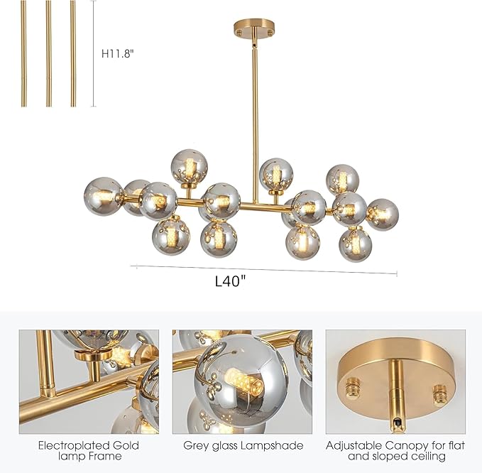 Modern Gold Linear Chandelier Rectanglar Modern Grey Globe Pendant Light Sputnik Chandeliers Hanging Light Fixture 16-Light