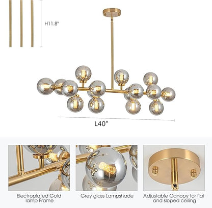 Modern Gold Linear Chandelier Rectanglar Modern Grey Globe Pendant Light Sputnik Chandeliers Hanging Light Fixture 16-Light