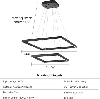 Modern Square LED Chandelier Lighting, Square LED Pendant Ceiling Light Fixture, Dimmable Contemporary Chandelier for Living Dining Room, Bedroom