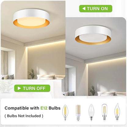 Yiisem Modern White and Gold Flush Mount Ceiling Lights, 16.5" Minimalist Glass Round Ceiling Lighting, Drum Close to Ceiling Light Fixtures for Living Room, Bedroom, Dining Room, Kitchen, Hallways