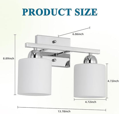 Mecgirn Stainless Steel Milk Glass Vanity Lights for Bathroom, 2 Light Chrome Bathroom Light Fixtures Over Mirror, Ceramic E26 Sockets Wall Mounted