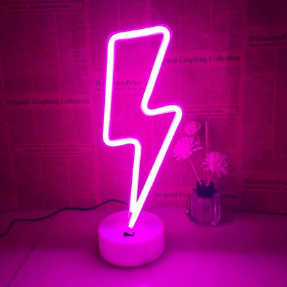 Pink Lightning Bolt Neon Sign, Aesthetic Room Decor for Bedroom, Battery/USB Operated LED Light with Base