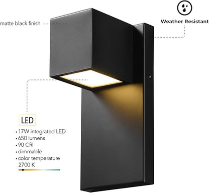 Globe Electric 17W Integrated LED Outdoor Wall Sconce, Matte Black, 650 Lumens, 2700K, Dimmable, Weather Resistant, 60000124