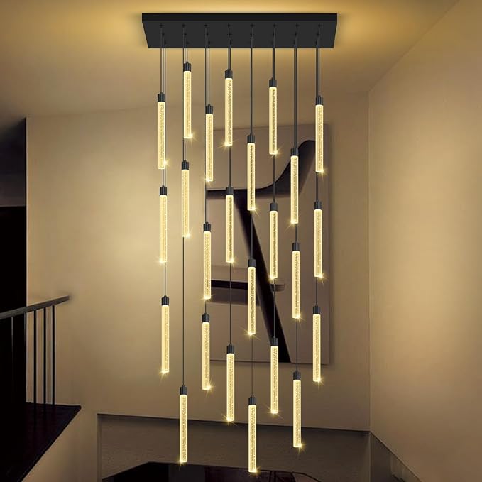 Modern Rectangular Crystal Chandeliers LED Dimmable Crystal Column Chandelier Living Room Foyer Crystals Pendant Light for Dining Room Adjustable Height 24-Light Black