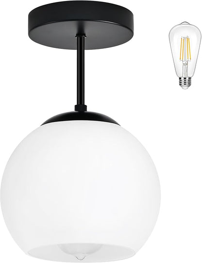 Bagood Black Semi Flush Mount Ceiling Light Fixture Milk Glass Light Fixture Mid Century Flush Mount Ceiling Light Black Flush Mount Ceiling Light Schoolhouse Light Fixture for Dining Room(Bulb Incl.)