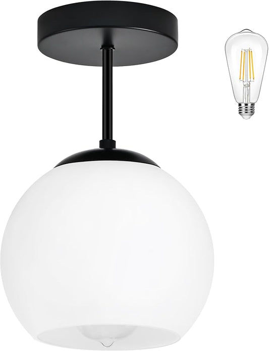 Bagood Black Semi Flush Mount Ceiling Light Fixture Milk Glass Light Fixture Mid Century Flush Mount Ceiling Light Black Flush Mount Ceiling Light Schoolhouse Light Fixture for Dining Room(Bulb Incl.)