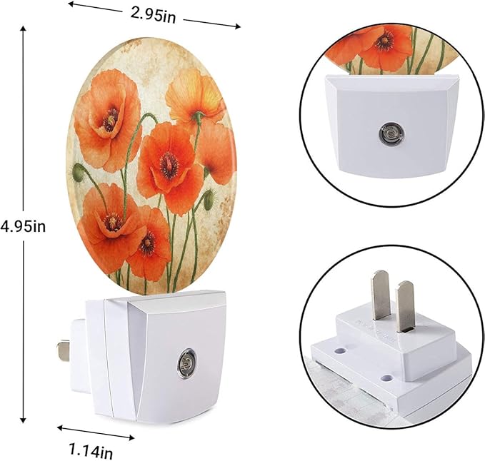 EKOBLA Poppy Flower Plug-in Night Light, Vintage Red Orange Floral LED Nightlight with Sensor for Hallway