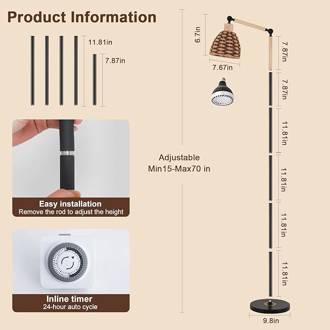 30W Grow Lights for Indoor Plants, 4000K Floor Standing Plant Lights, 70 inch Indoor Full Spectrum Plant lamp, Equipped with 24-Hour Cycle Timer, Suitable for Large and Medium-Sized Plants