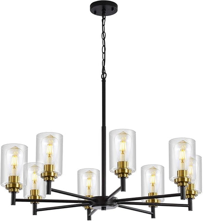 9MMML 8 Lights Black and Gold Chandelier, Modern Glass Ceiling Chandelier Light Fixture, Large Ceiling Hanging Light for Dining Room, Living Room, Bedroom, Kitchen, Over Table, Foyer, E26 Base
