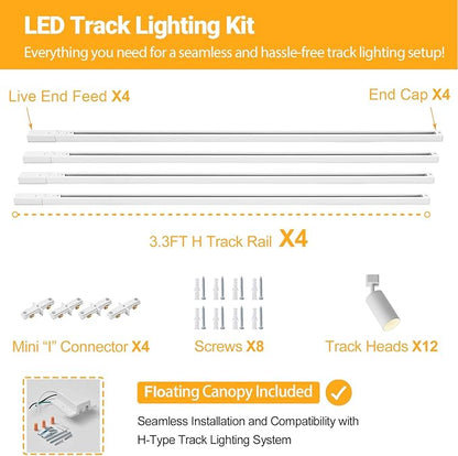 VANoopee 12-Light GU10 LED Track Lighting Kit with 13FT H Type Track Lighting Rail & Floating Canopy Connector, Modern Kitchen Track Lighting Fixtures Ceiling Spotlight, Track Heads White (No Bulbs)