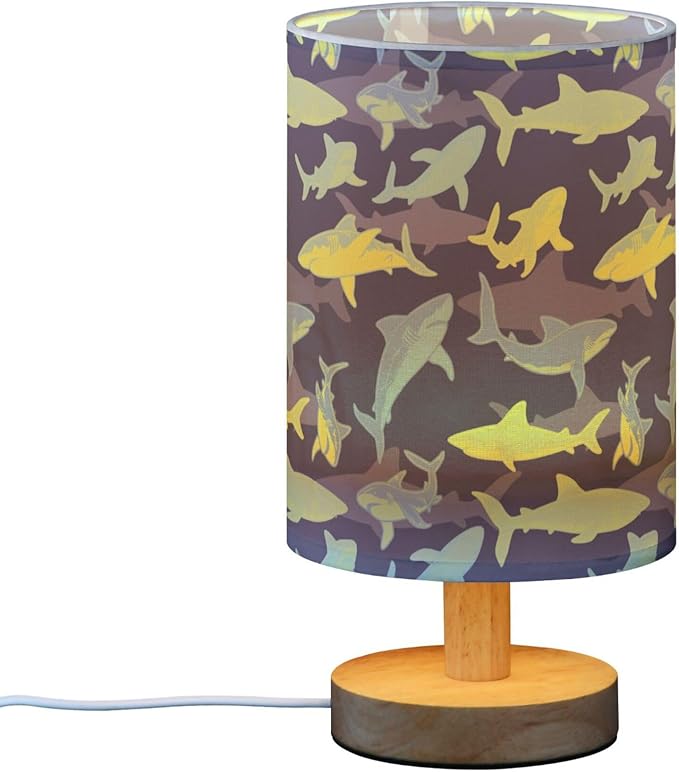Table Lamp Shark Underwater Pattern Nightstand Lamp with Wood Base Fabric Lamp Shade Bedside Desk Lamp for Living Room Bedroom Kids Room Office