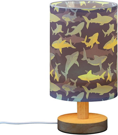 Table Lamp Shark Underwater Pattern Nightstand Lamp with Wood Base Fabric Lamp Shade Bedside Desk Lamp for Living Room Bedroom Kids Room Office