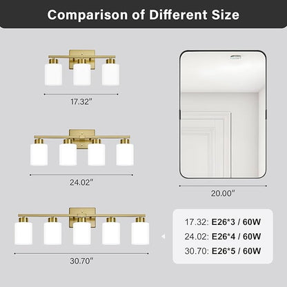 FonmYim Brushed Gold Bathroom Light Fixtures, 3-Light Modern Vanity Light Over Mirror, Wall Sconces with Milky White Frosted Glass Shades, E26 Socket (Bulbs Not Included)