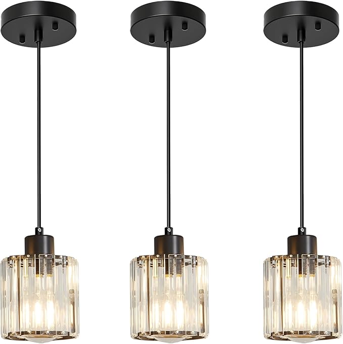 3 Pack Pendant Lighting for Kitchen Island, Black Hanging Light Fixture for Ceiling, Farmhouse Dining Room Lights for Bedroom, Hallway, Modern Glass Chandelier, E26 Base, Bulbs Not Included