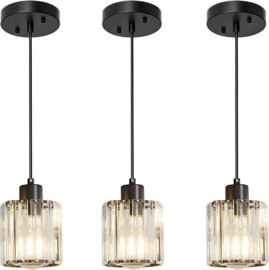 3 Pack Pendant Lighting for Kitchen Island, Black Hanging Light Fixture for Ceiling, Farmhouse Dining Room Lights for Bedroom, Hallway, Modern Glass Chandelier, E26 Base, Bulbs Not Included