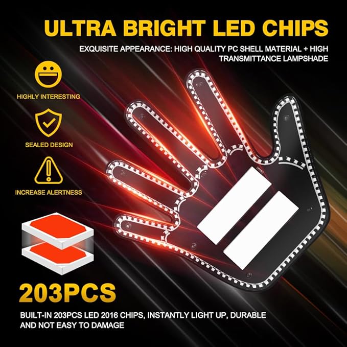 LED Gesture Light Comical Car Finger Light with Remote Ideal Gifted Car Accessories Funny Back Window Sign Car Gadget & Road Rage Sign Give The Love & Wave & Yead to Drivers-Red