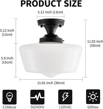 youngrender Semi Flush Mount Ceiling Light, Black Schoolhouse Milk Glass Light Fixture, Vintage Farmhouse Ceiling Light for Kitchen Hallway Entryway Bedroom Dining Room, E26