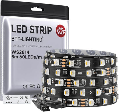 BTF-LIGHTING WS2814 IC RGBW RGB+Warm White (Similar WS2812B),Addressable DC24V 16.4FT 60LED/m 10pixel/m,UL Listed,4 Colors in 1 Dream Color LED Strip IP30 for Home Decor(No Adapter or Controller)