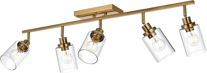 MELUCEE 5-Light Track Lighting Kit Brass Semi Flush Mount Ceiling Light Fixture with 5 Rotatable Light Heads, 37 Inch Modern Accent Lighting for Foyer Art Wall Kitchen, Clear Glass Shade
