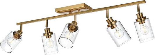 MELUCEE 5-Light Track Lighting Kit Brass Semi Flush Mount Ceiling Light Fixture with 5 Rotatable Light Heads, 37 Inch Modern Accent Lighting for Foyer Art Wall Kitchen, Clear Glass Shade