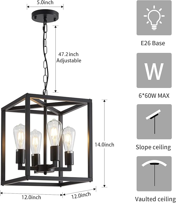 Lanhall 4-Light Farmhouse Chandelier Fixture Rustic Industrial Pendant Lighting Adjustable Height Metal Cage E26 Hanging Lights for Kitchen Island, Dining Room, Living Room, Bedroom, Foyer, Entry