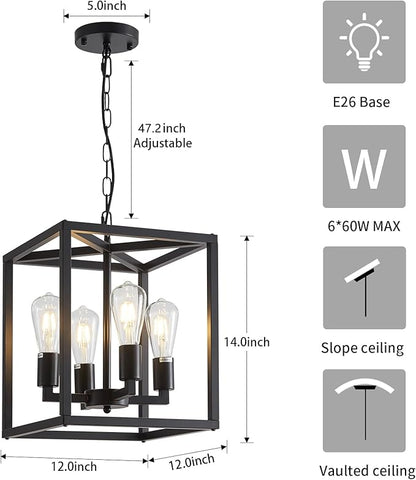 Lanhall 4-Light Farmhouse Chandelier Fixture Rustic Industrial Pendant Lighting Adjustable Height Metal Cage E26 Hanging Lights for Kitchen Island, Dining Room, Living Room, Bedroom, Foyer, Entry