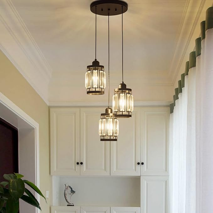 3 Light Farmhouse Pendant Light Adjustable Ceiling Hanging Lighting Fixture with K9 Crystals for Kitchen Restaurant Cafe Dining Room Island Light Black