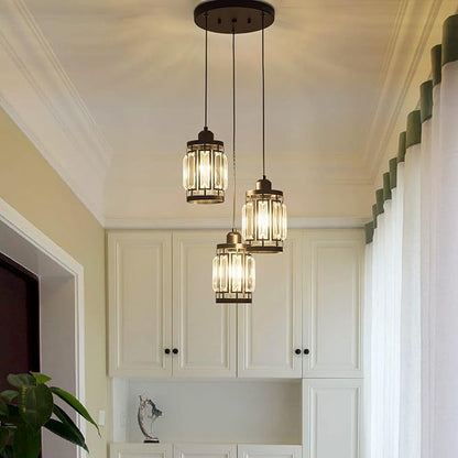3 Light Farmhouse Pendant Light Adjustable Ceiling Hanging Lighting Fixture with K9 Crystals for Kitchen Restaurant Cafe Dining Room Island Light Black