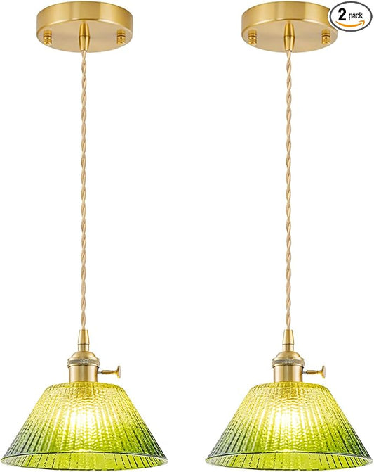 Vintage Pendant Lights Kitchen Island 2 Pack, Adjustable Brass Pendant Light Fixtures with Gradient Green Glass Shade, Gold Kitchen Pendant Lighting Over Island, Pendant Light for Dining Room Hallway
