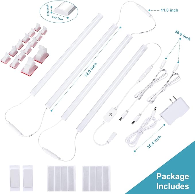 Under Cabinet Lights Plug-in Daylight White 4000K, Dimmable LED Under Cabinet Lighting, 4pcs 12 Inch Under-Counter Light Fixtures with Memory Function, Linkable LED Cabinet Light for Kitchen