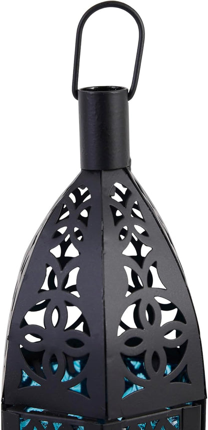 Zingz & Thingz Moroccan Style Candle Lantern Holder, Decorative Light Home Decor, Indoor & Outdoor, 13" Tall, Black with Blue Glass