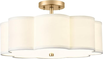 Gold Semi Flush Mount Ceiling Lights, 4-Light 18" Ceiling Light Fixtures with Fabric Shade in Flower Shape, Farmhouse Brass Drum Lighting for Nursery Bedroom Kitchen, AD-22009-4SF-GD
