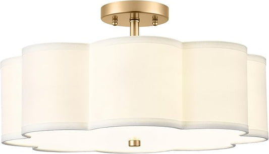 Gold Semi Flush Mount Ceiling Lights, 4-Light 18" Ceiling Light Fixtures with Fabric Shade in Flower Shape, Farmhouse Brass Drum Lighting for Nursery Bedroom Kitchen, AD-22009-4SF-GD