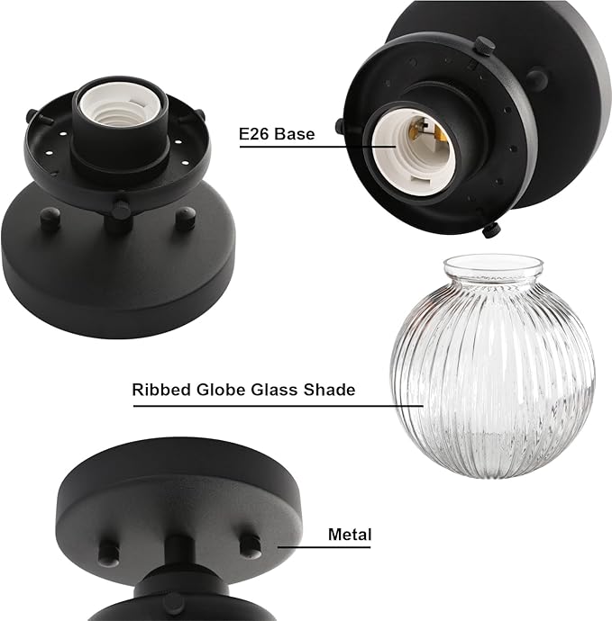 Yosoan 1-Light Indoor Flush Mount Hallway Ceiling Light, Single Modern Hardwired Vintage Industrial Retro Textured Striped Round Shade Farmhouse Lamp for Corridor Kitchen Bathroom Bedroom(Black)