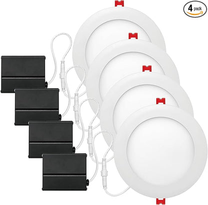 GLOBE Electric 91126 6" Ultra Slim LED Integrated Recessed Lighting Kit, 4-Pack, 12 Watts, Energy Star, Dimmable Lights, Wet and IC Rated, White Finish, 6.31" Hole Size, Home Renovation