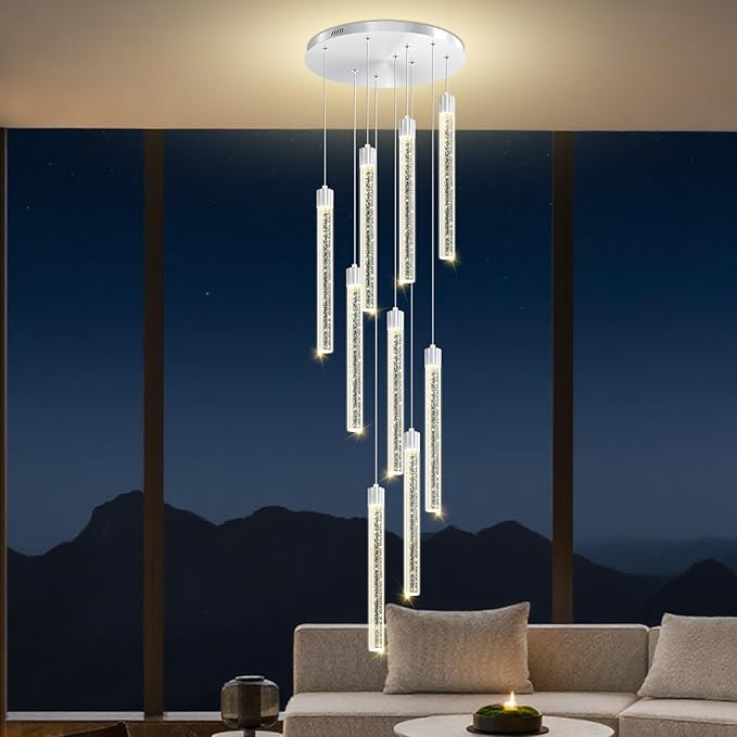 Modern 9-Lights Silver Crystal Column Chandeliers for Entrance Dimmable LED Pendant Lighting Hanging Lights for Dining Room Bedroom Foyer Staircase Living Room