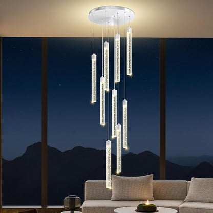 Modern 9-Lights Silver Crystal Column Chandeliers for Entrance Dimmable LED Pendant Lighting Hanging Lights for Dining Room Bedroom Foyer Staircase Living Room