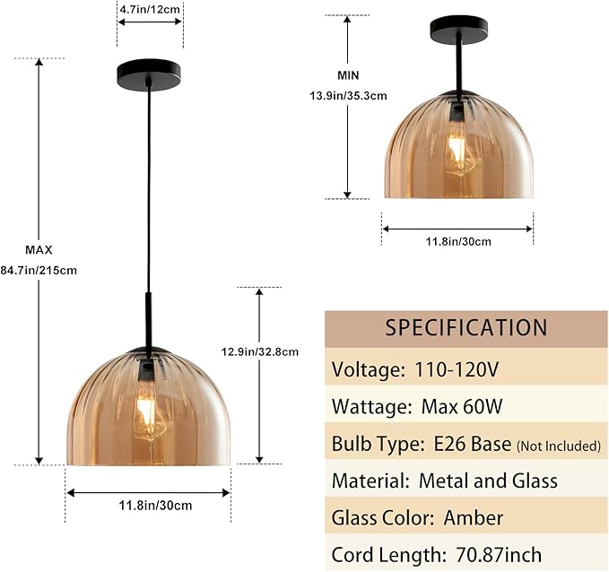 Modern Dome Pendant Lighting Fixture Kitchen Island, 11.8 Inch Large Boho Chandelier, Rustic Farmhouse Industrial Hanging Lamp Ceiling Lights with Amber Glass Bell Lampshade