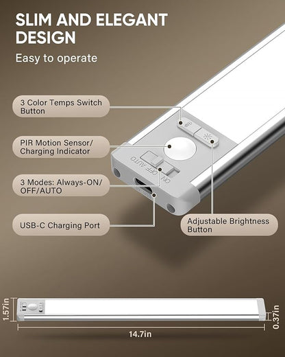 MCGOR 5 Pack 14.7inch Under Cabinet Lighting, Rechargeable Motion Sensor Light Indoor with 3 Color Temps, Dimmable Magnetic Led Closet Lights, Wireless Under Counter Lights for Kitchen, Stairs