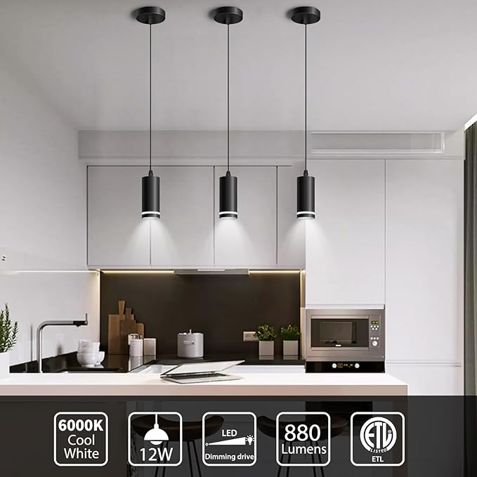 OKELI Mini Pendant Light, Black Modern Pendant Light Fixtures, LED Pendant Lighting for Kitchen Island, COB Lamp Bead, ETL,12W(3 Pack)