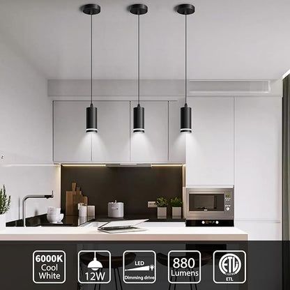 OKELI Mini Pendant Light, Black Modern Pendant Light Fixtures, LED Pendant Lighting for Kitchen Island, COB Lamp Bead, ETL,12W(3 Pack)