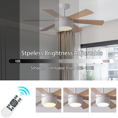 SHOWDI Ceiling Fan with Lights and Remote, 6 Blade App Control Timer Reversible Stepless Brightness and Color Temperature Outdoor Wood Ceiling Fan with Lights (White, 42 Inch)