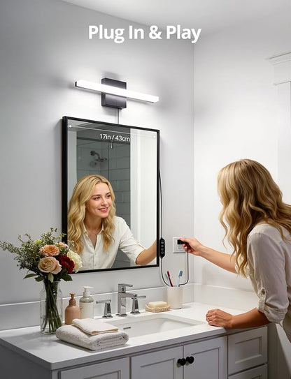 Combuh Black Plug in Vanity Light Bar Corded for Bathroom Lighting Fixture No Wiring, 16Inch 5 Colors Adjustable Dimmable Modern Bright Daylight Mirror Lamp for Wall Dressing Room Makeup (with Plug)