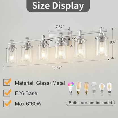 6-Light Bathroom Vanity Light, Brushed Nickel Fixtures Over Mirror, Wall Mount with Clear Glass Shade, Modern Wall Sconce