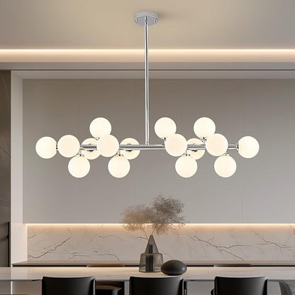 Glass Globe Sputnik Chandelier, 16-Light Mid Century Modern Light Fixture Over Table, Linear Chandeliers for Dining Room, Kitchen Island, Chrome and Milk White Bubble, 40 Inch, GC-02
